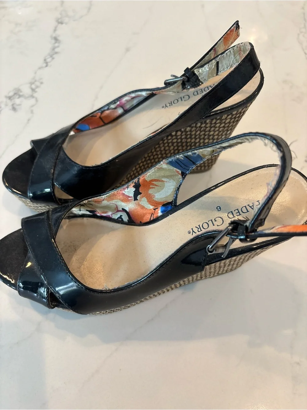 Faded Glory Black Patent Wedge Slingback Sandals SW